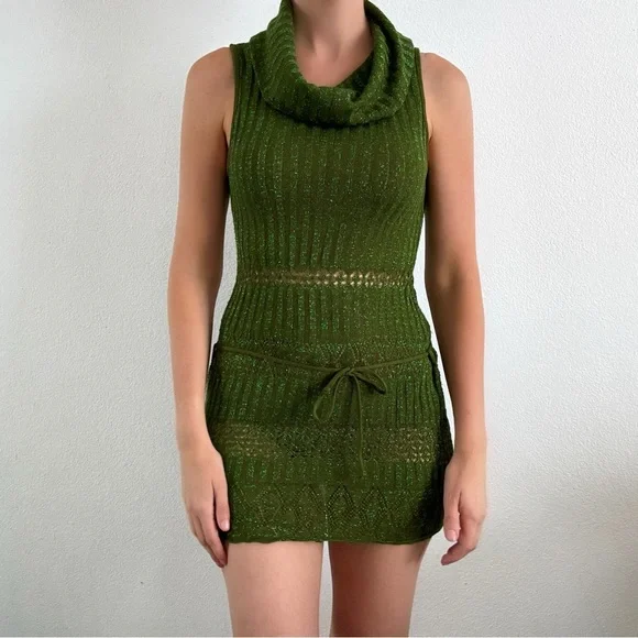 Vintage | Dresses | Vintage Y2k 9s Green Knit Turtleneck Mini Dress  Metallic Medium Small | Poshmark